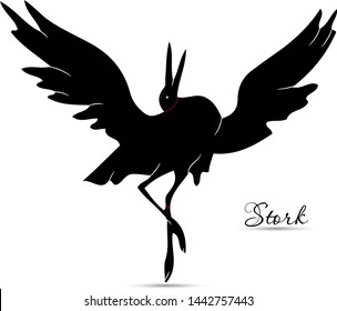 Dancing black stork,silhouette on white background, vector