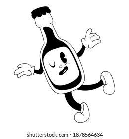 dancing black-white bottle in the style of old cartoons on a white background.