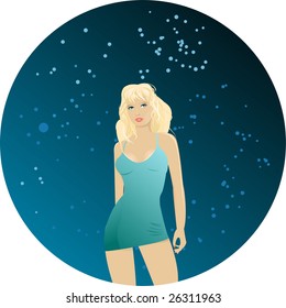 Dancing blond girl in blue dress on dark background