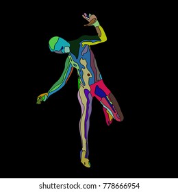 The dancing boy with colorful spots on a darck background. Vector illustration.