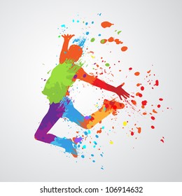 dancing boy with colorful spots and splashes on grey background. Vector illustration.