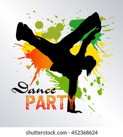 The dancing boy with colorful spots and splashes on white background. Color grunge the poster. Dance party. Vector illustration.