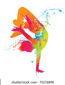 The dancing boy with colorful spots and splashes on white background. Vector illustration.