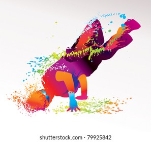 The dancing boy with colorful spots and splashes on a light background. Vector illustration.