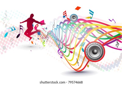 dancing boy with colorful wave element on white background. Vector illustration.