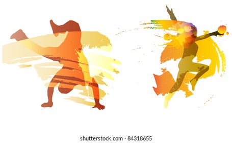 dancing boy and girl with colorful vector splashes, drops on white background.