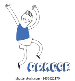 The dancing boy, vector contour sketch isolated on white background with a lettering title. Hip-hop dancer.