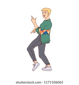 Dancing boy vector illustration - young man in casual clothes having fun and doing rhythmic movements in sketch style isolated on white background. Hand drawn male dancer.