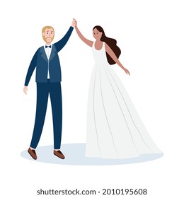 Ilustración vectorial plana de novias y novios bailando aislada en fondo blanco. Momento romántico de baile de una pareja que se casa en una ceremonia de boda.