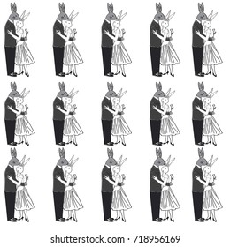 dancing bride and groom, man and woman, lovers, bunnies in human bodies, wrapper for wedding gifts, invitations, congratulations.  Freehand drawing vector with doodles. modern seamless pattern.
