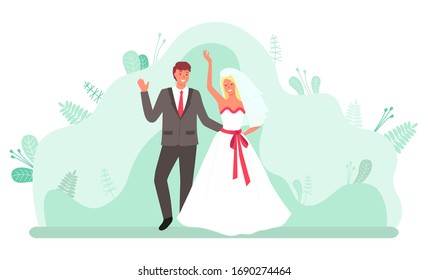 Dancing bride and groom on wedding ceremony vector. Man and woman in bridal dress, boyfriend and girlfriend in relationship, celebration of being newlyweds. Foliage and greenery on background