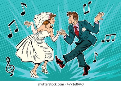 dancing bride and groom, pop art retro comic book illustration. Wedding dance. Twist, rock and partner dance