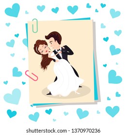 Dancing bride and groom, wedding holiday card with hearts, photo from memory event, wife in white dress and husband in suit, romantic festive vector