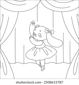 Dancing bunny coloring page for kids and children. Black outline on white background