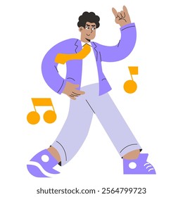 Dancing businessman illustration. A joyful executive unwinds with graceful dance moves. Work-life balance, stress relief concept. Vector illustration.