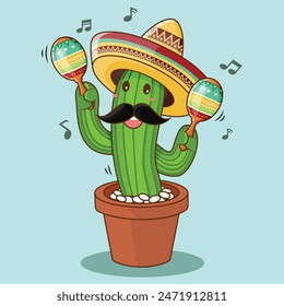 Dancing Cactus with Maracas and Sombrero Hat Celebration Cinco De Mayo 