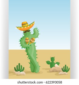 Dancing cactus in sombrero with mustache and maracas. Funny cartoon. Desert Mexican landscape with cacti. Flat style vector illustration.