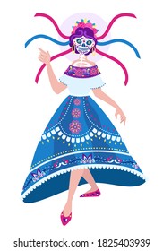 Dancing Calavera Catrina - vector full body portrait. Character for Dia de Los Muertos poster, greeting card, banner, invitation. Day of The Dead - girl skeleton wearing in folk mexican style