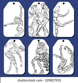 dancing card. stylized dancers. hand drawn. lines