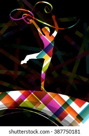 Dancing carnival woman with ribbon silhouette in abstract circus color background vector illustration