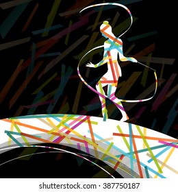 Dancing carnival woman with ribbon silhouette in abstract circus color background vector illustration