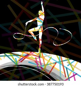 Dancing carnival woman with ribbon silhouette in abstract circus color background vector illustration