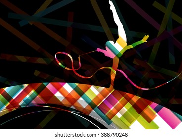 Dancing carnival woman with ribbon silhouette in abstract circus color background vector illustration