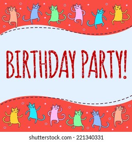 Dancing cartoon cats. Birthday party invitation template. Vector