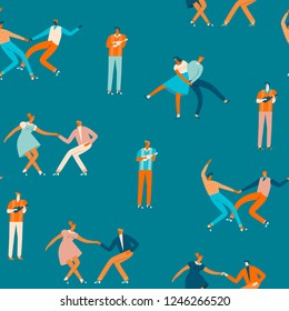 Dancing cartoon characters of people in 50s retro style seamless pattern in vector. Cartoon romantic characters activity illustration.
