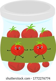 personajes de dibujos animados bailando tomates verduras rojas con ojos azules brillantes se muestran en la etiqueta de la lata con un objeto de preservación sobre un concepto de comida de fondo blanco y bocadillos