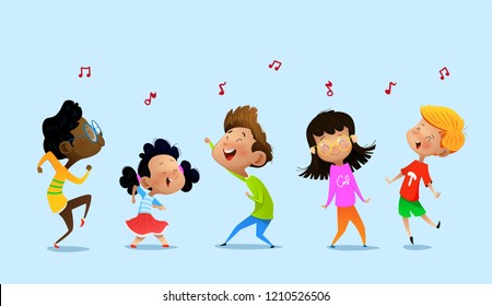 Dancing cartoon children. Vector illustrations Isolated on blue background