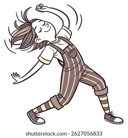 Dancing Cartoon Kid in Striped Overalls - Fun Vector Illustration
