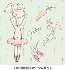 Dancing cartoon rabbit with carrot, ballet shoes and toy in vector