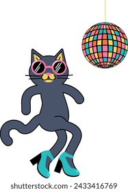 dancing cat around the disco ball funny animal pet. Animal lovers. Party. Vector illustration on white background.