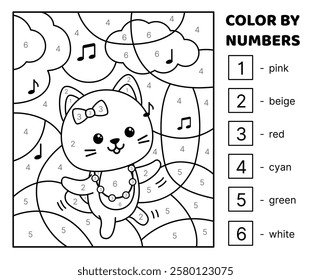 Dancing cat. Black and white. Color by number. Coloring page. Game for kids. Isolated vector illustration eps 10
