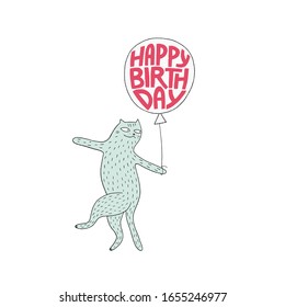 Dancing cat holding a balloon with Happy birthday text. Vector illustration.