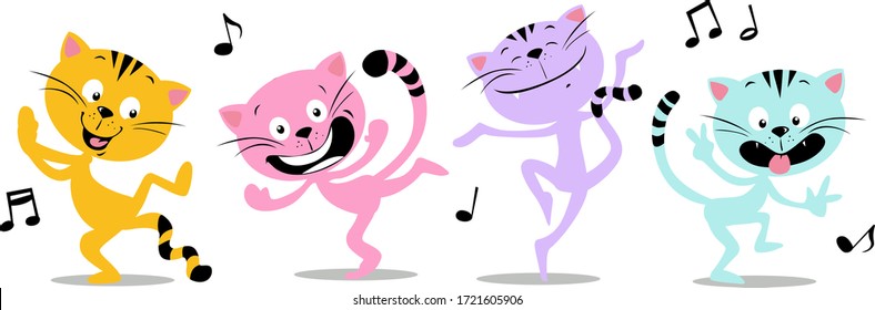 Dancing Cat and Music - Funny Vector Flat Design Illustration Isolated on White