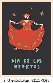 El esqueleto bailarín de Catrina Calavera con un vestido rojo tradicional de México. Dia De Los Muertos. Dia De Los Muertos, Cartel del Día de los Muertos con la tarjeta A5. Ilustración vectorial.