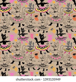 Dancing cats with flowers in hand drawn doodle style on kraft paper backdrob. Can be used as kids and baby wrapping paper, apparel design, wall art, wallpaper, poster, coloring pages, fabric texture.