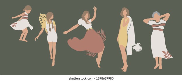 Dancing caucasian women of different ages with botanical elements. White child, young girl, young, elderly woman. Trendy minimalistic feminist vector illustration. Beautiful ladies, pastel palette