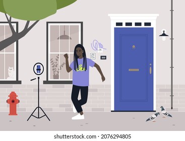 Dancing challenge, a young female Black character recording a mobile video with a tripod, modern lifestyle, digital entertainment