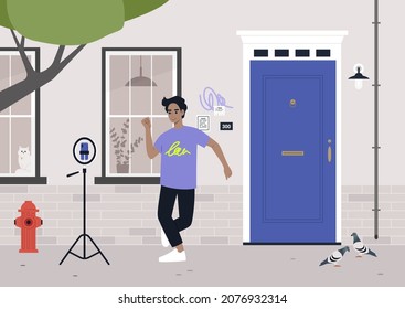 Dancing challenge, a young male Caucasian character recording a mobile video with a tripod, modern lifestyle, digital entertainment