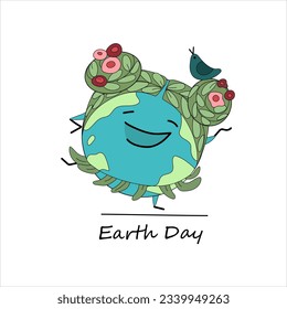 dancing character in the image of a planet. Hairstyle with woven flowers and a singing bird in the hair.
