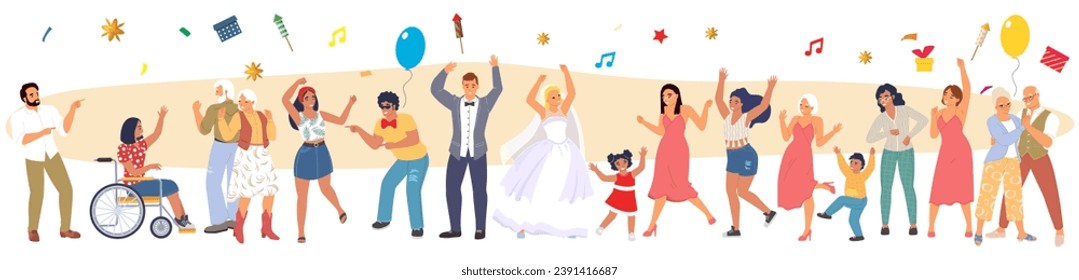 Dancing characters celebrating wedding vector illustration. Happy broom and bride, overjoyed relatives moving to music enjoying marriage party