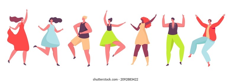 Dancing characters, young people dance at party or club. Friends having fun and celebrating together, men and women dancers vector set. Boys and girls spending leisure time with joy