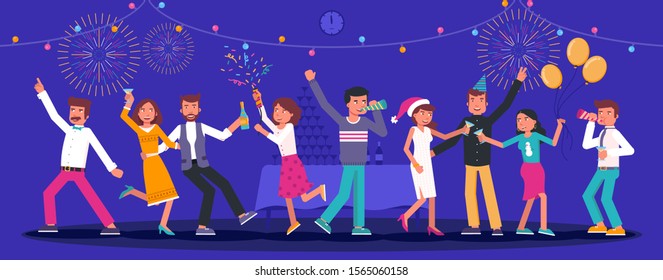 Dancing cheerful company flat illustration. Male and female party dancers cartoon characters isolated on blue background. New Year holiday celebration. Entertainment, feast, festive concept