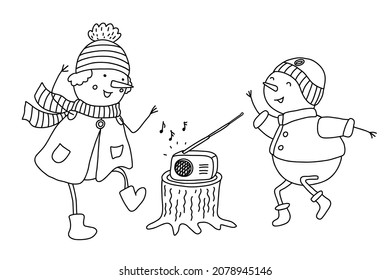 Dancing cheerful snowmen kids. Doodle hand drawn illustration isolated on white. Black outline. Great for New Year and Christmas design and coloring books.
