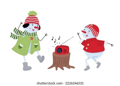 Bailando animados niños nevados. Ilustración plana vectorial aislada en blanco. Excelente para tarjetas de felicitación de Año Nuevo y Navidad. Diseño invernal. Rojo, verde y azul.