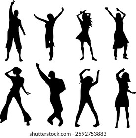 Dancing and cheering 2D people silhouette, icon, symbol vector art illustration in black with white background.