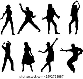 Dancing and cheering 2D people silhouette, icon, symbol vector art illustration in black with white background.